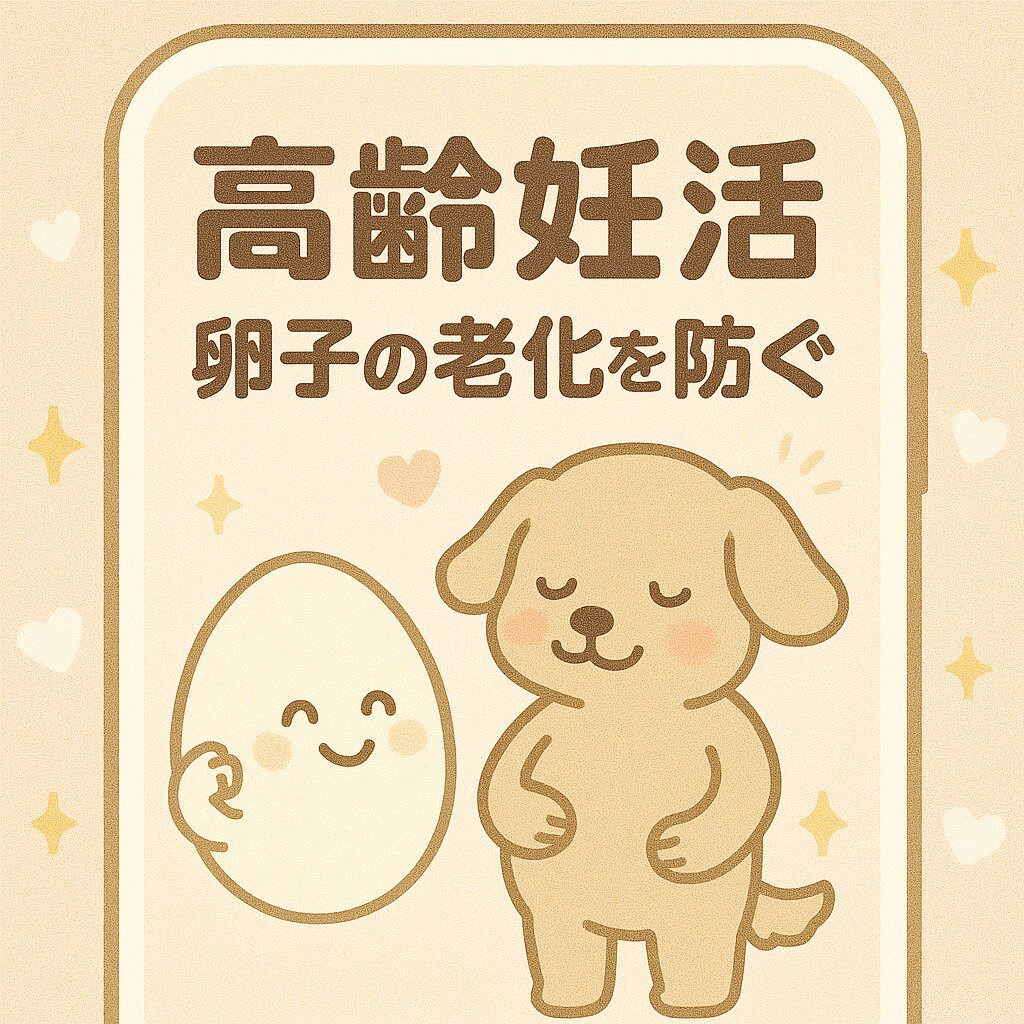 「高齢妊活 卵子の老化を防ぐ」の文字と、笑顔の卵キャラクター・お腹をさする優しい表情の犬キャラクターが描かれた、スマホ画面風フレーム付きの正方形イラスト。背景にはハートやキラキラが散りばめられ、やさしいパステルカラーで妊活の安心感と希望を表現。