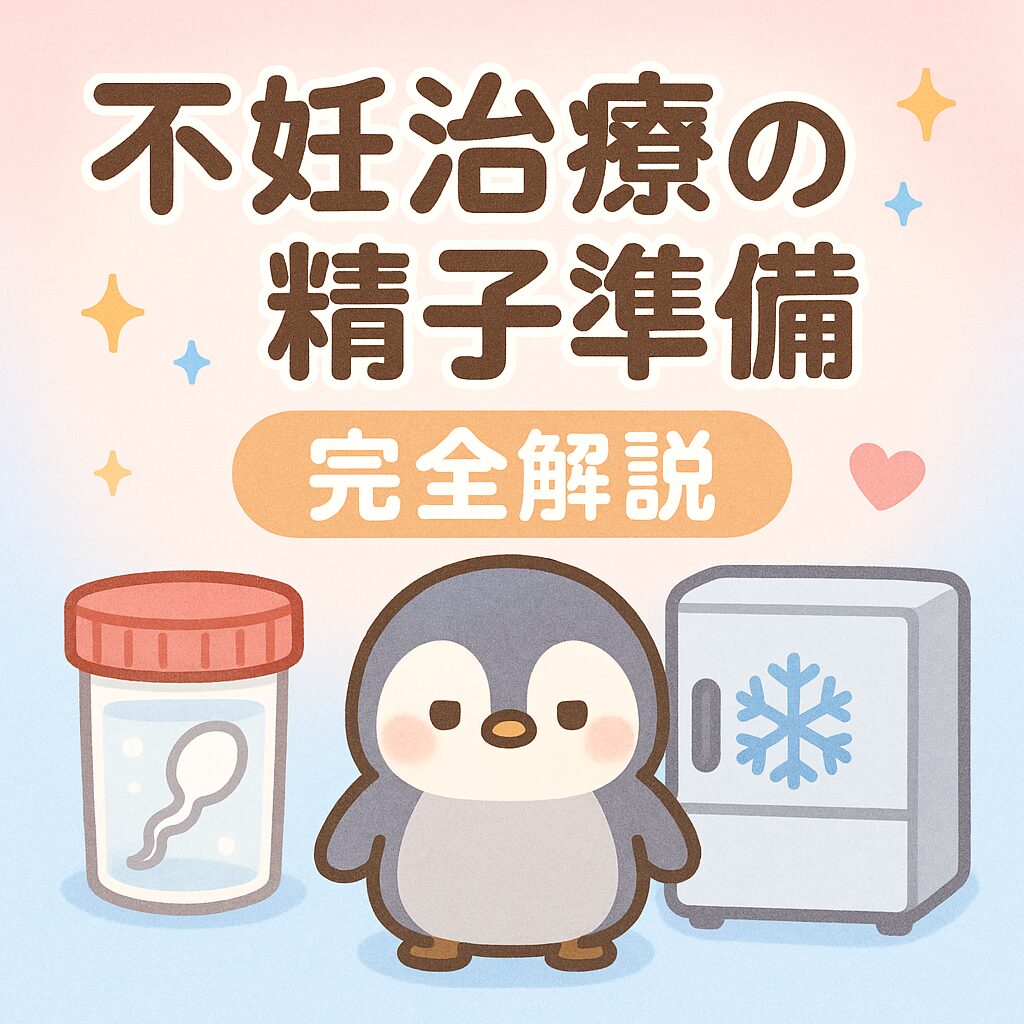 不妊治療の精子準備を解説する可愛いペンギンのイラスト。精子サンプル容器と冷凍庫が描かれ、やさしいパステル背景にタイトル文字が配置されている。