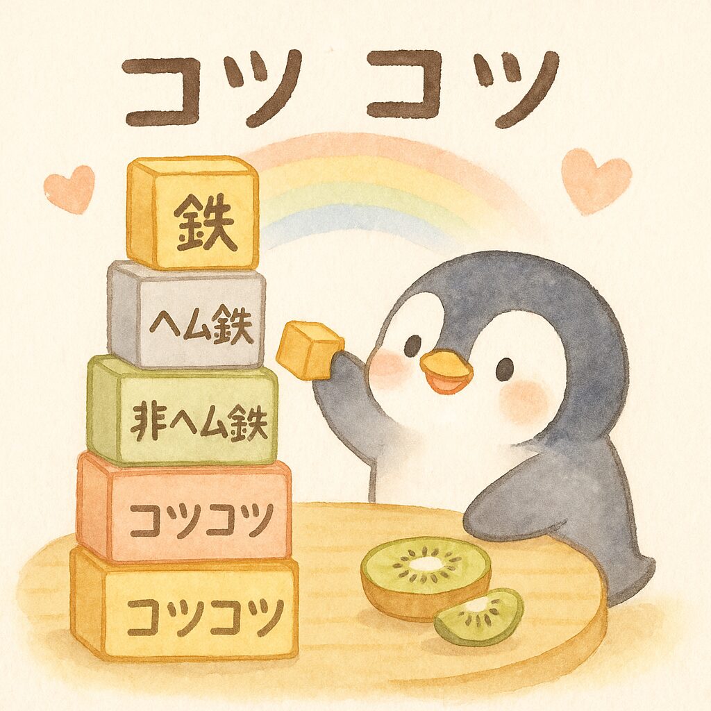 ペンギンが積み木をコツコツ積み上げるかわいい水彩風イラスト。積み木には鉄、ヘム鉄、非ヘム鉄、ビタミンC、コツコツなどの文字が書かれ、背景に虹とハートが描かれている。