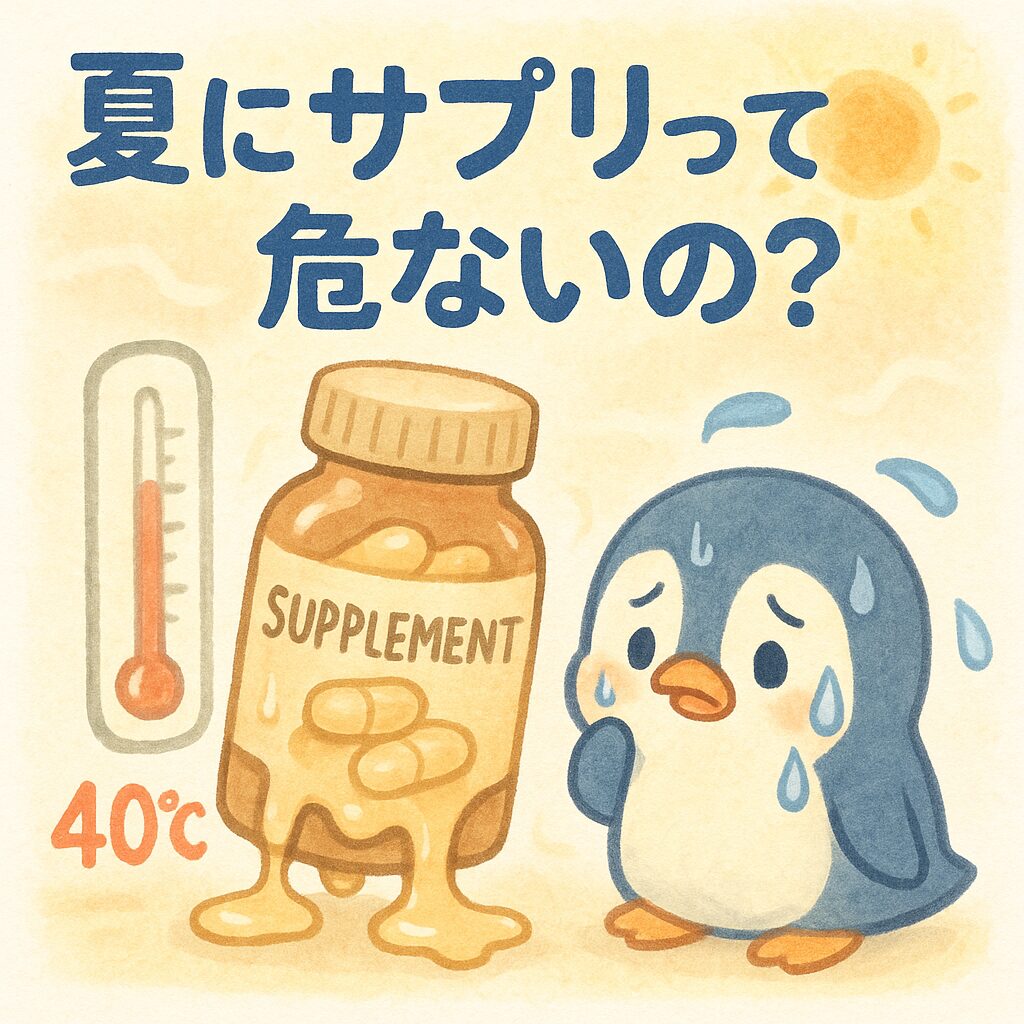 「暑さで溶けそうなサプリ瓶と40℃を指す温度計、汗をかいて心配しているペンギンのかわいいイラスト」