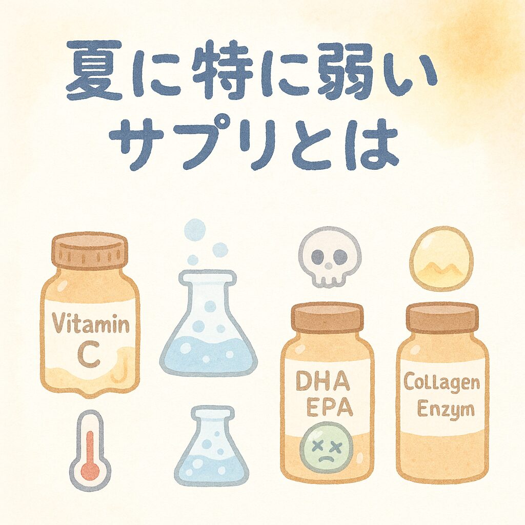 「成分ごとのサプリ危険度を示すかわいいイメージ図。ビタミンC・DHA/EPA・プロバイオティクス・コラーゲン酵素のリスクアイコン入り」