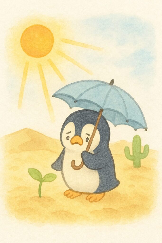 強い日差しが降り注ぐ砂漠で日傘を差して頭皮を守る困り顔のペンギンを描いた水彩イラスト。背景にサボテンや砂丘があり、紫外線ダメージをイメージした構図。