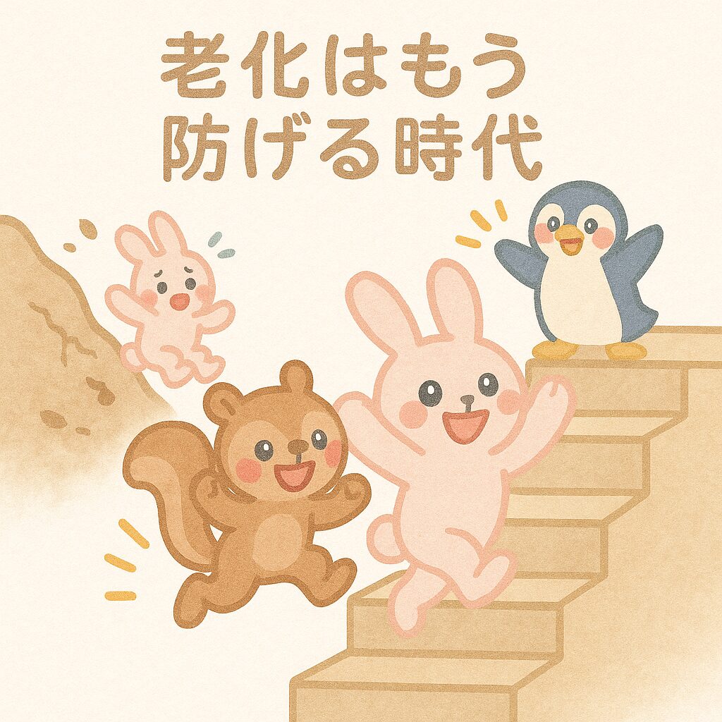 左で坂道を転がる困った顔のうさぎとリス、右で階段を元気に登る同じ動物たち。一番上でペンギンが応援。目に光と赤いほっぺが加わり可愛い表情。
