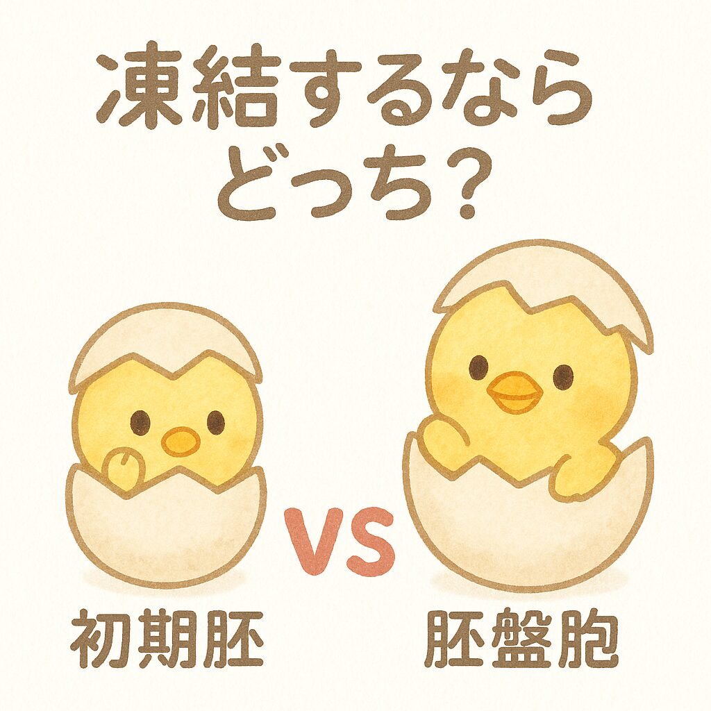 「凍結するならどっち？初期胚と胚盤胞を比較する、かわいいひよこのイラスト」