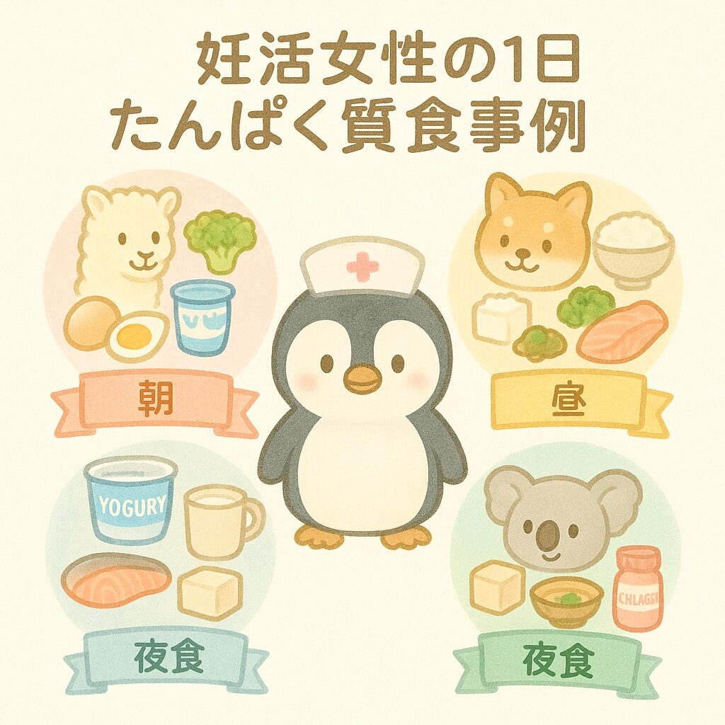 妊活女性の1日たんぱく質食事例を可愛い動物キャラで図解。朝はアルパカが卵・納豆・ヨーグルト・サバ缶、昼は柴犬が鶏肉・野菜・ご飯、夜はコアラが鮭・豆腐・味噌汁、間食はペンギンがヨーグルト・ミルク・コラーゲンを担当。たんぱく質不足を補う妊活の食事改善プラン。