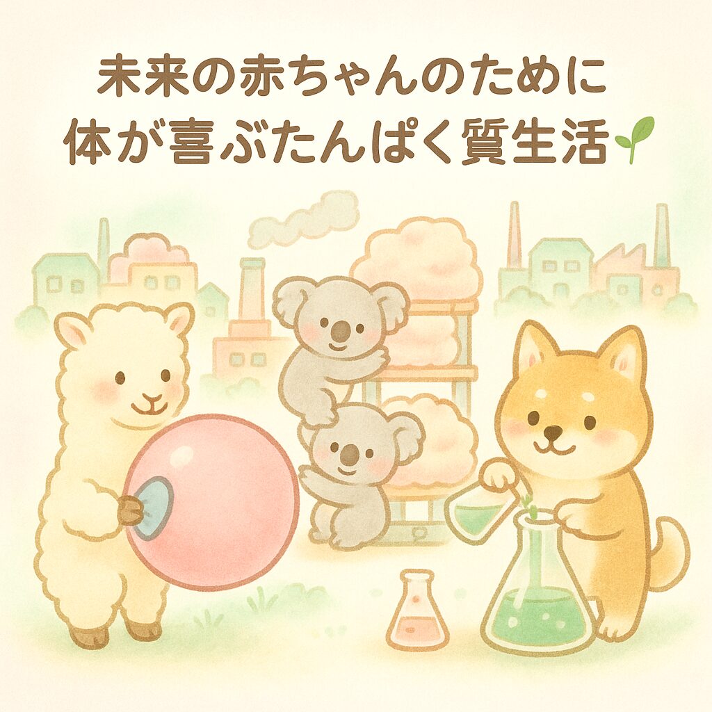 妊活女性の体内を細胞工場として表現したイラスト。中央にナース帽のペンギン、アルパカが卵子を磨き、コアラが子宮内膜を作り、柴犬がホルモン製造をしている。たんぱく質不足による卵子老化やホルモン乱れ、内膜の薄さを予防するための解説ビジュアル。