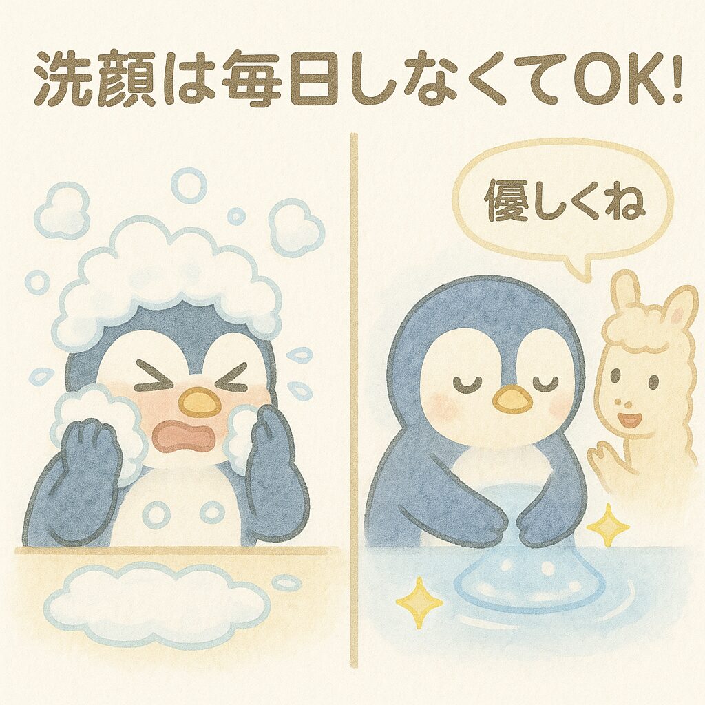 左側で泡だらけに顔をゴシゴシ洗うペンギンと、右側でぬるま湯で優しく撫で洗いするペンギン＆アルパカの対比イラスト。