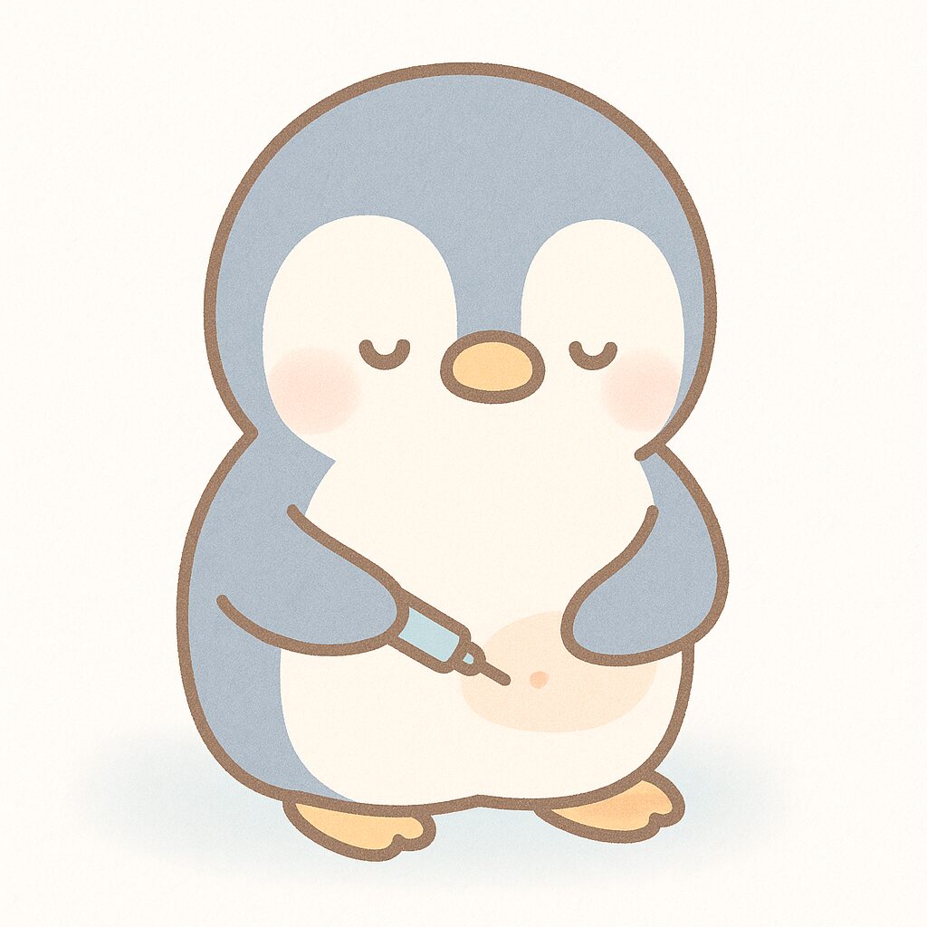 ペンギンが自己注射をお腹の横に優しく打っている妊活イメージ。正しい部位で痛みなく打てる安心感を表現。