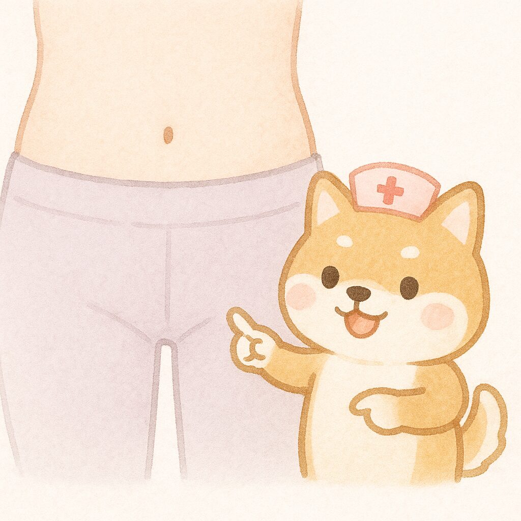 HMG注射を打つおすすめのお腹の部位をピンクの丸で示し、ペンギンキャラクターが指差して説明しているイラスト