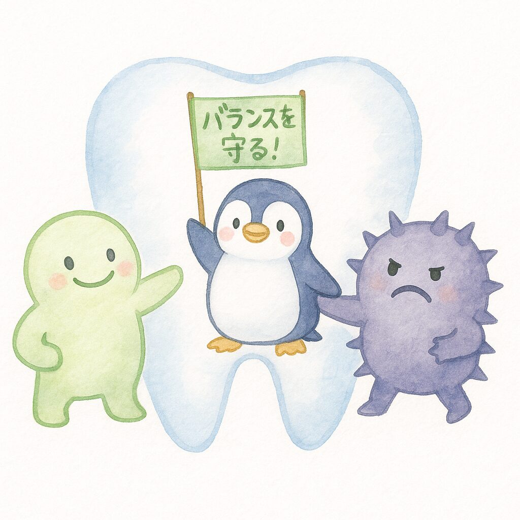 善玉菌・悪玉菌・ペンギンが「バランスを守る!」と描かれた水彩風のイラスト。歯型の背景付き。