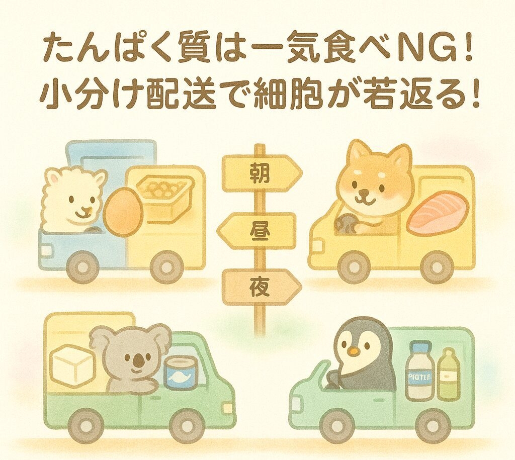 妊活中のたんぱく質の小分け摂取を可愛い動物たちの配送トラックで表現。アルパカ・柴犬・コアラ・ペンギンが卵・納豆・鶏むね肉・魚・豆腐・ヨーグルトを朝・昼・夜・間食に分けて届ける妊活食事法のイメージ図。