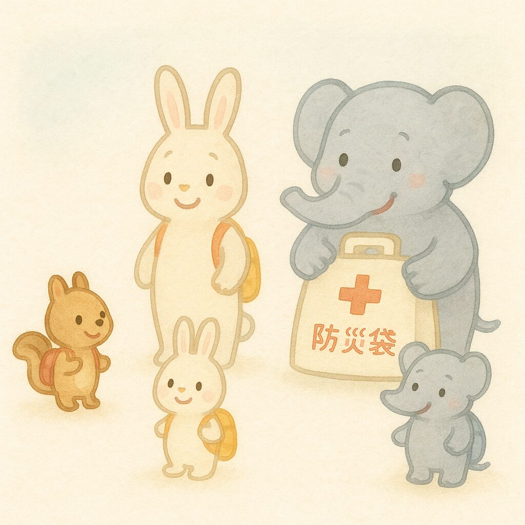 リス・うさぎ家族・ゾウ家族がリュックを背負い、年代ごとの備蓄量の違いを表現。水彩パステル風。