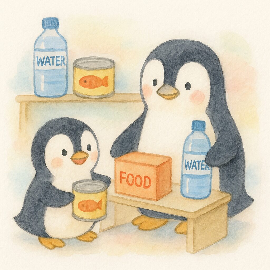 ペンギン親子が非常食の棚を準備。水・缶詰・保存食を楽しく並べるシーン。水彩パステル風。