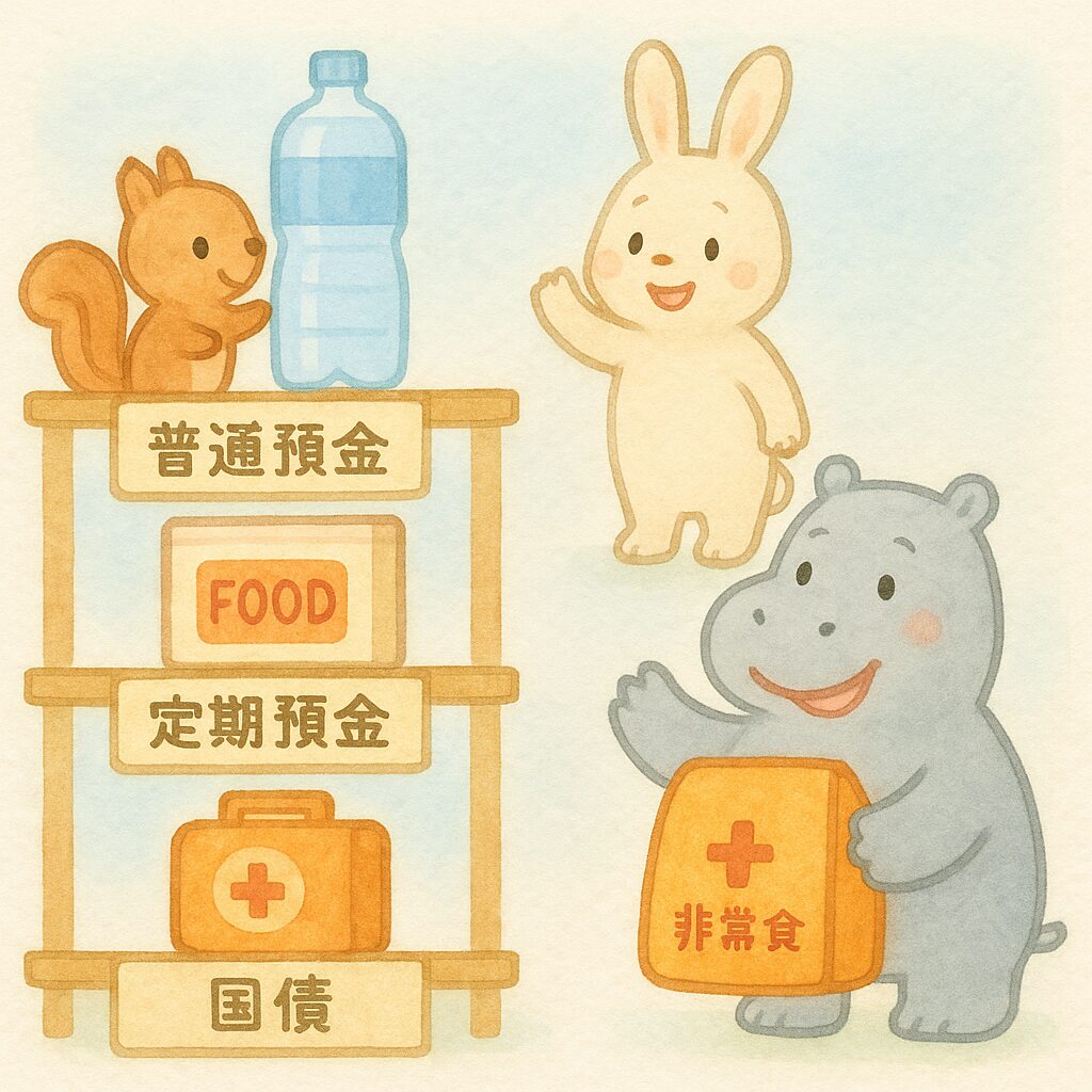 リス・うさぎ・カバが食料棚の前に並び、普通預金・定期預金・国債を比較。資産別の安全性をイメージで表現。水彩パステル風。