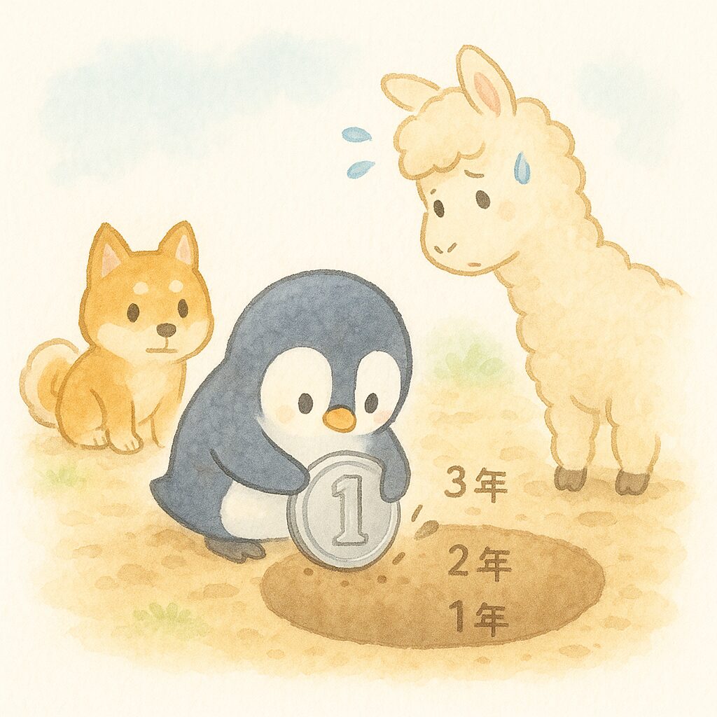 毎日の摩擦ダメージ蓄積を穴掘りで表現。ペンギンが1円玉で地面を掘り続け、年数ごとに穴が深くなる様子。アルパカとシバイヌが見守る。