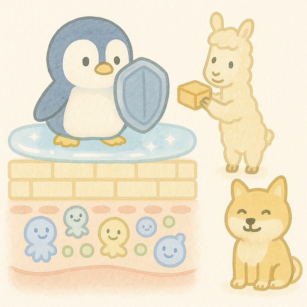 角質層・皮脂膜・常在菌層をペンギン・アルパカ・シバイヌが守る皮膚バリア構造のイメージイラスト。