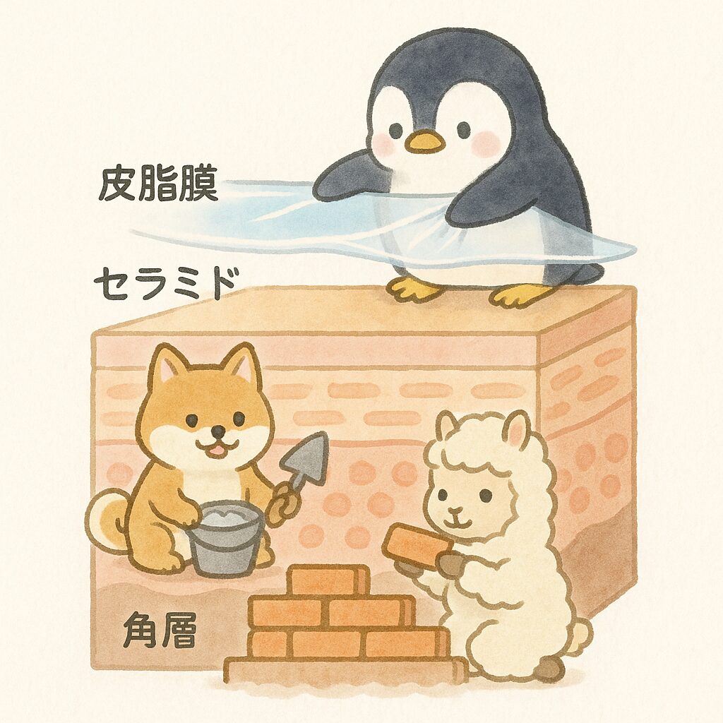 肌のバリア構造を表すイラスト。ペンギンが皮脂膜、シバイヌがセラミド、アルパカが角層を作って守っている様子。