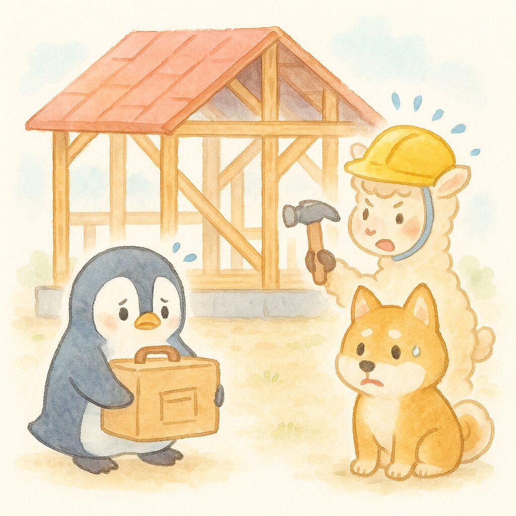 ターンオーバーの乱れを建築現場で表現。ペンギンが未完成の家に引っ越そうとし、アルパカ職人とシバイヌ監督が慌てて作業する様子。