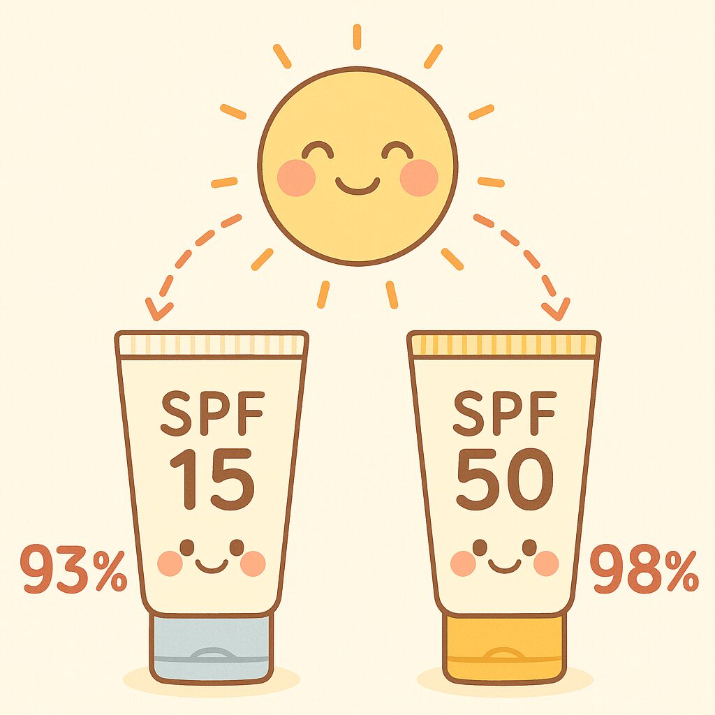 SPF15とSPF50の日焼け止めを比較し、肌負担の違いを表現したペンギンとアルパカのイラスト