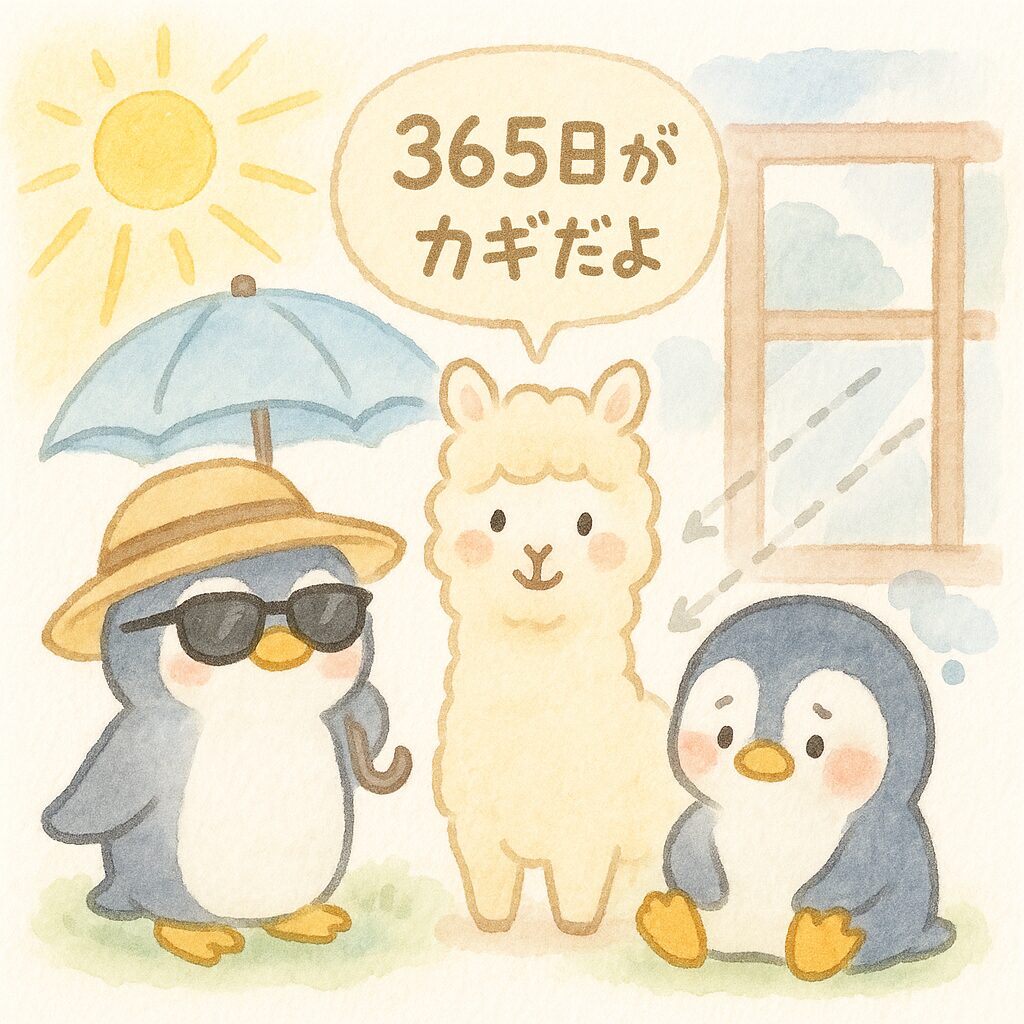 室内や曇りの日でも紫外線を浴びているペンギンと、UV対策するペンギンを描いた光老化イメージイラスト
