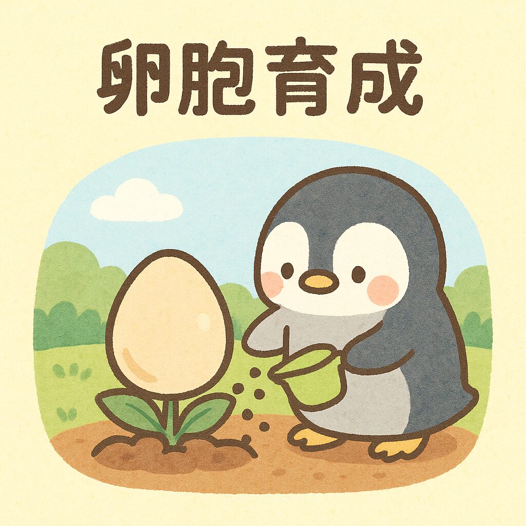 妊活・採卵周期における卵胞育成をイメージしたペンギンのかわいい職人イラスト。肥料をまきながら卵胞を育てている絵本風イラスト。