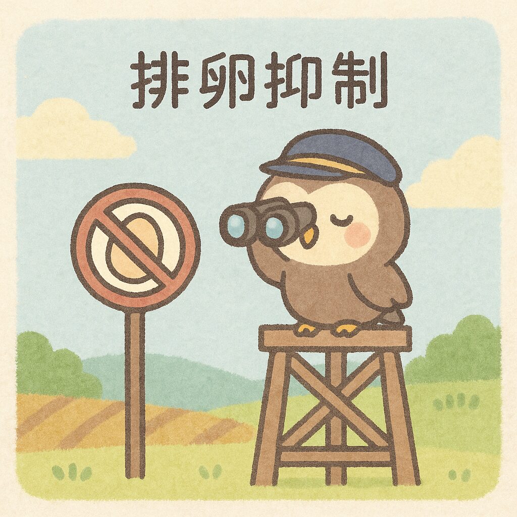 妊活・採卵周期における排卵抑制をイメージしたフクロウのかわいい職人イラスト。監視塔の上から双眼鏡で畑を見守り、排卵禁止マークが描かれた絵本風イラスト。