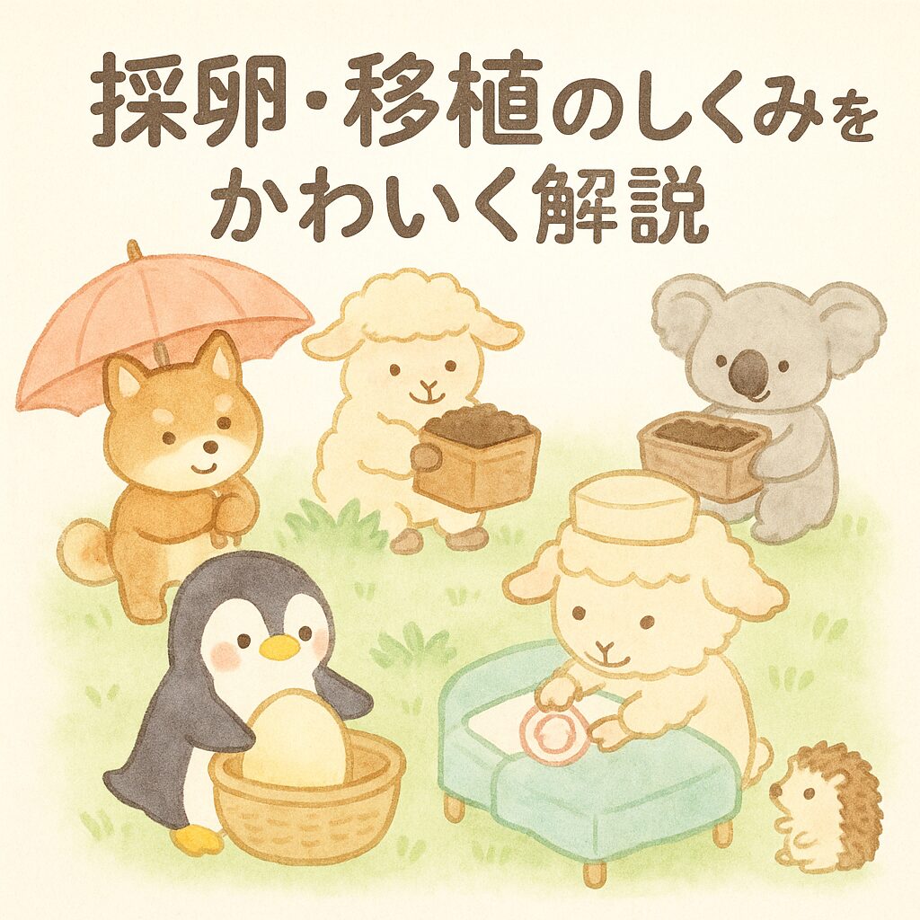 • 採卵＝卵子を収穫する様子（ペンギンちゃんが卵を収穫） • 移植＝受精卵をベッドに運ぶ様子（ひつじ先生がベッドに優しく置く） • 他キャラたちもサポートしている感じで登場