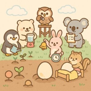 採卵に活躍する薬を職人たちに例え、順番に並ぶ流れ図（肥料→ブレンド→監視→ベル→布団→毛布→監督）。