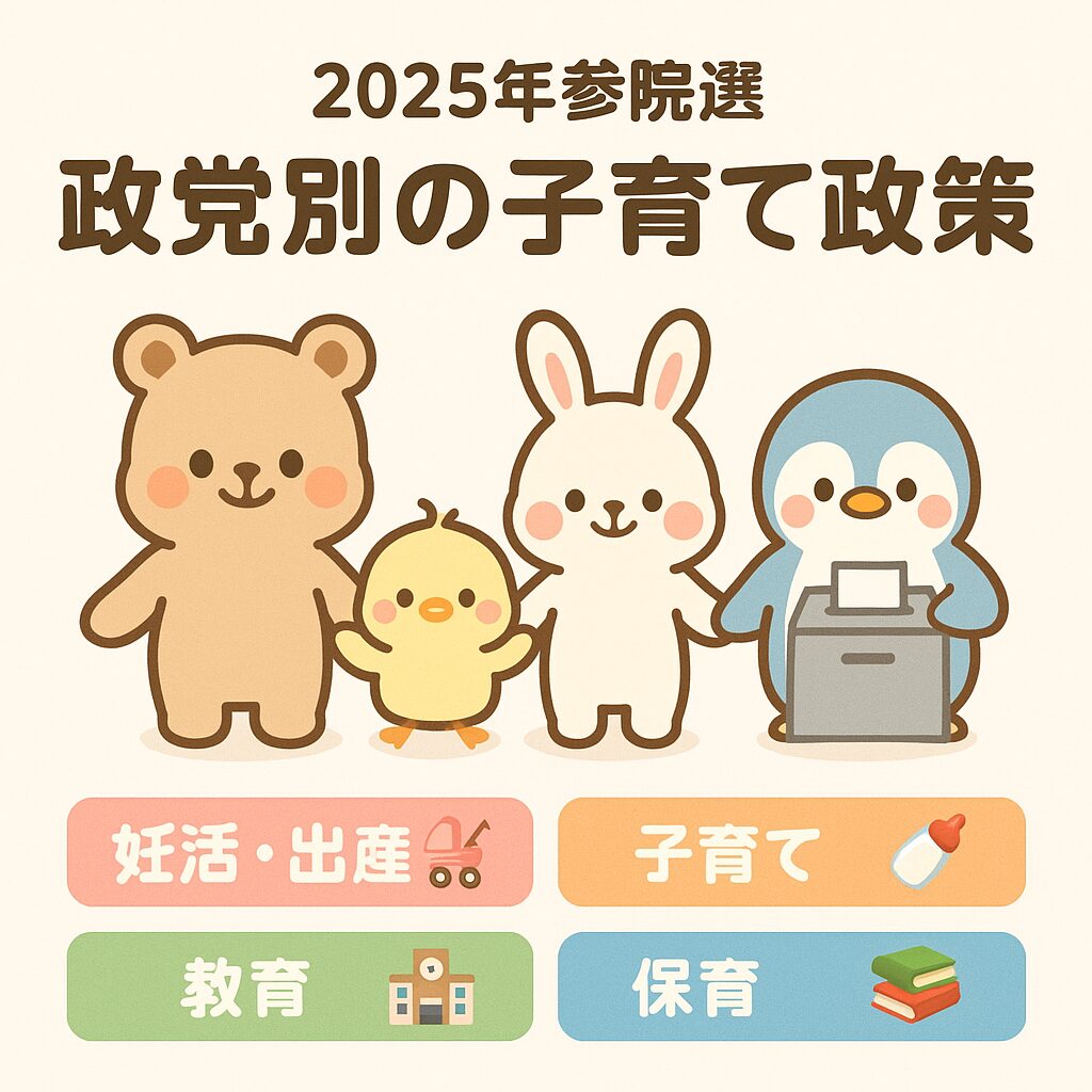 2025年参議院選挙における政党別子育て政策を示す動物キャラクター入りの可愛いアイキャッチ画像
