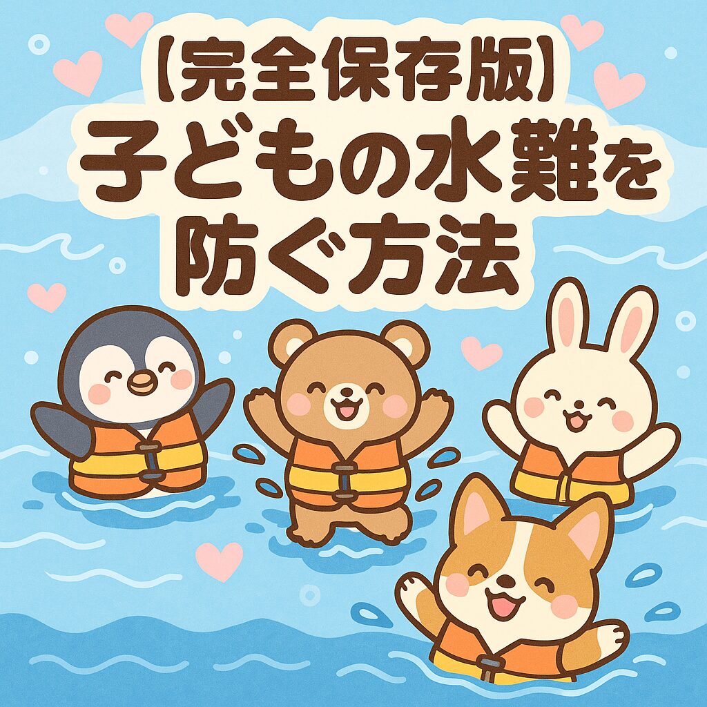 【完全保存版】子どもの水難事故を防ぐ方法を紹介するためのアイキャッチ画像。ライフジャケットを着たペンギン、くま、うさぎ、いぬが水遊びしているかわいいイラスト。