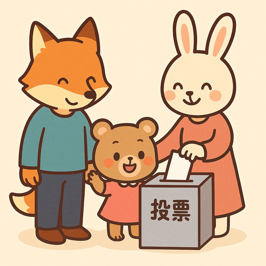 投票箱の前で手をつなぐパパママと子どもの動物キャラクターの家族のイラスト