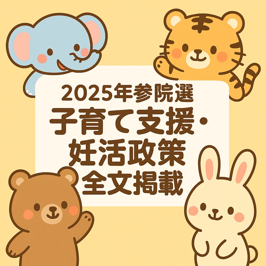 2025年参院選の子育て支援・妊活政策をテーマにした、かわいい動物たちの正方形イラスト。手をつなぐ動物家族と投票箱が描かれており、政策全文掲載の内容を楽しく伝えるデザイン。