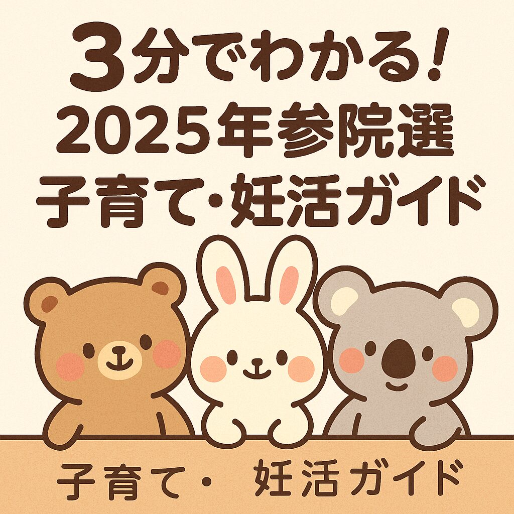 「子育て中の家族が選挙で投票を考えている様子を、かわいい動物キャラクターで表現したイラスト」