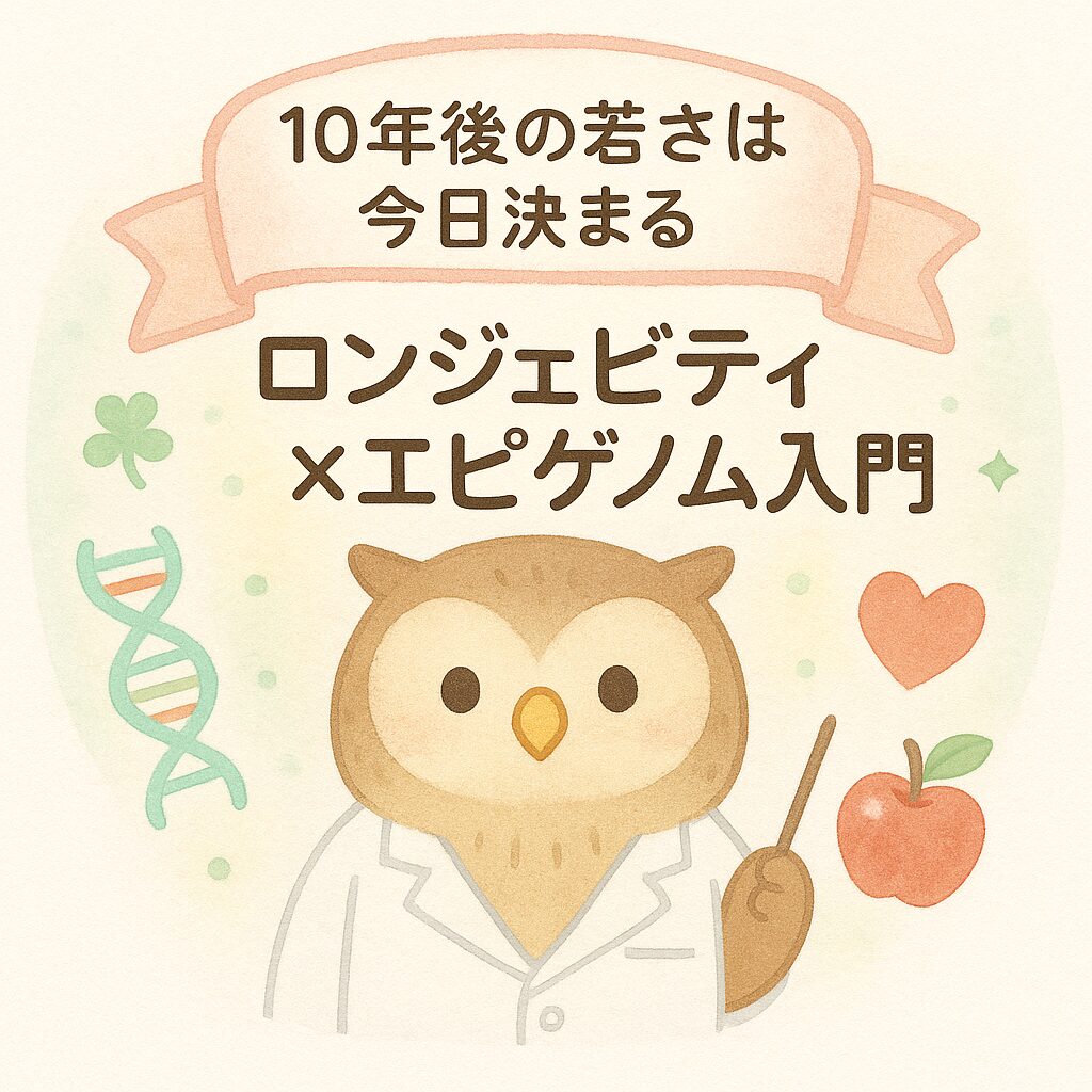 白衣を着たフクロウ先生が微笑み、DNA二重らせん・クローバー・ハート・リンゴのイラストと共に「10年後の若さは今日決まる！ロンジェビティ×エピゲノム入門」という文字が中央に描かれた水彩風パステルカラーのイラスト