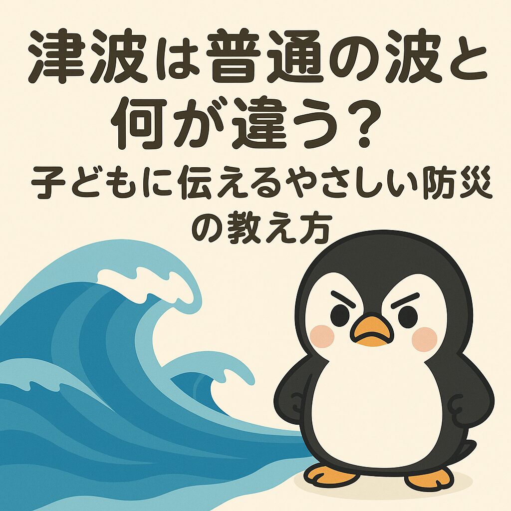 力強い表情のペンギンが波の前で立ち、津波と普通の波の違いを子どもにわかりやすく防災として伝えるイラスト