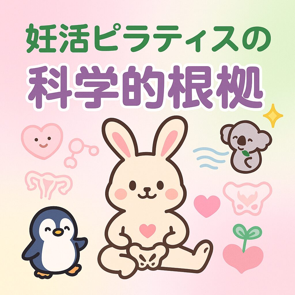 かわいい動物が登場するイラストで、妊活ピラティスの科学的根拠を伝える図解。骨盤と呼吸の重要性をポップに表現。