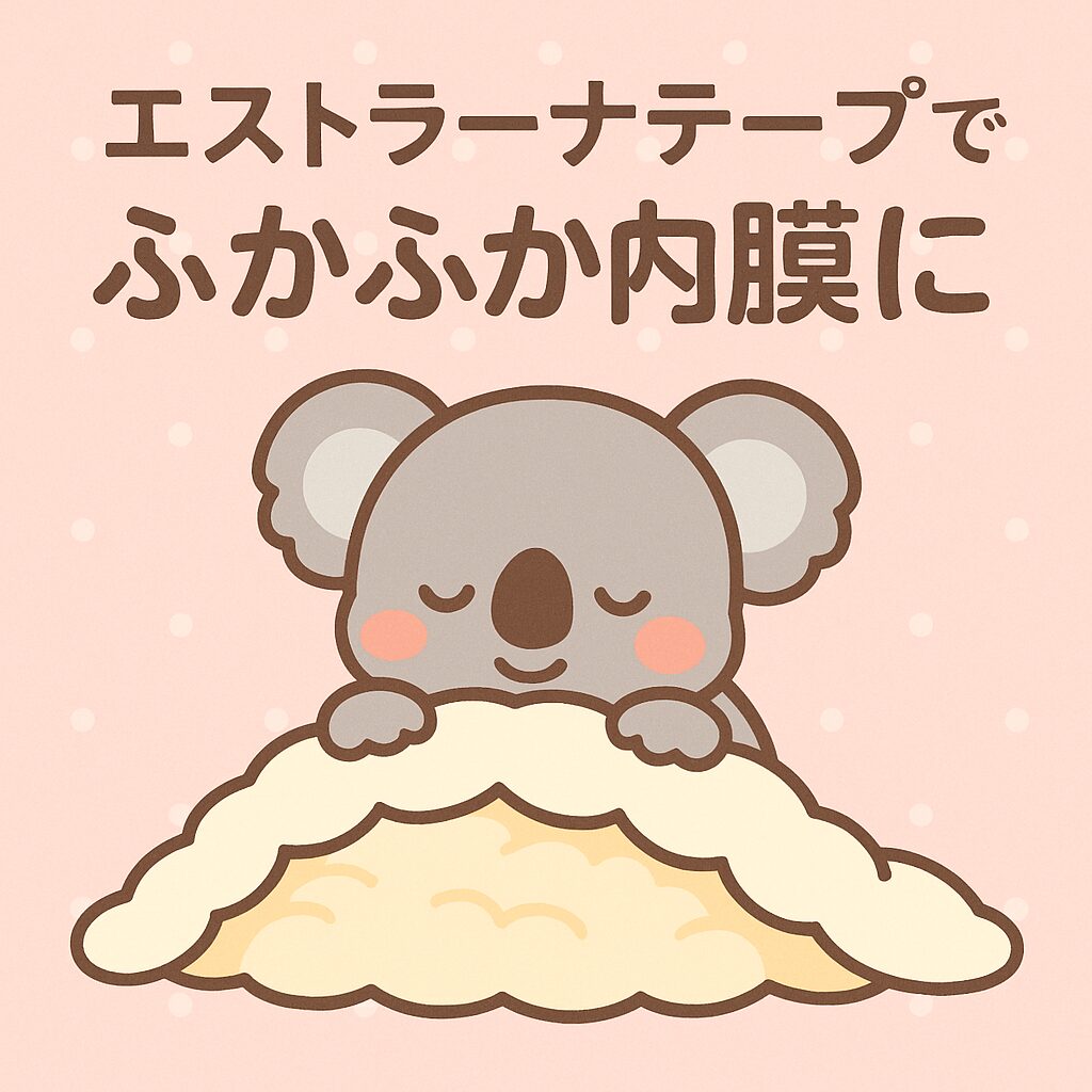 ふかふかの布団にくるまって幸せそうなコアラと「エストラーナテープでふかふか内膜に」の文字が描かれたやさしい雰囲気のイラスト