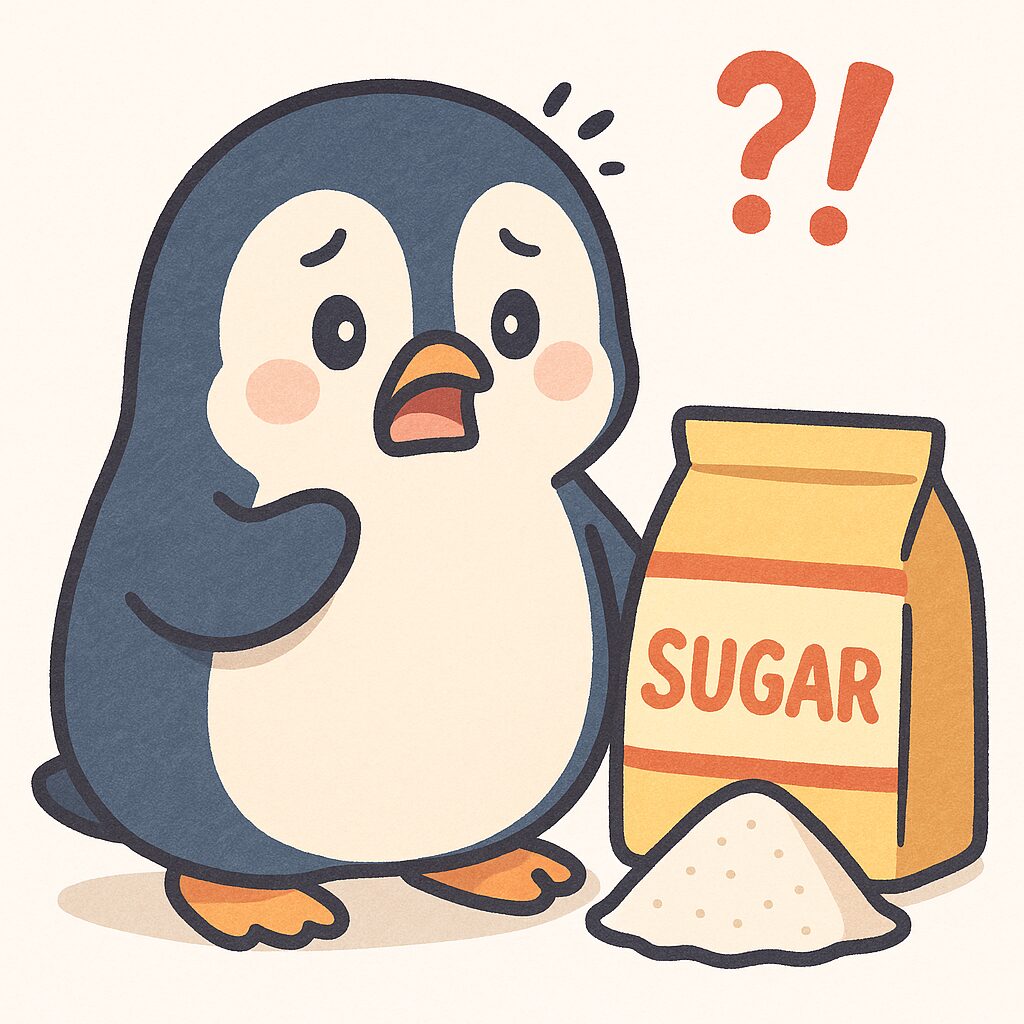 白砂糖を見て驚くペンギンのかわいいイラスト